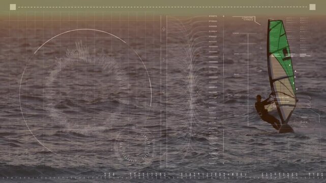 Male windsurfer trimming sail and harnessing wind for speed, HUD overlay displaying sports data