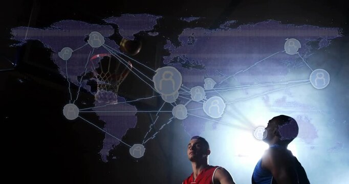 Two players contesting while shooter releasing ball, world map nodes overlaying court for sports