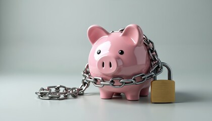 Fototapeta premium Pink piggy bank secured by metal chain and padlock. Concept of financial security and restricted access to savings. Money safety and protection idea. Secure investment protection.