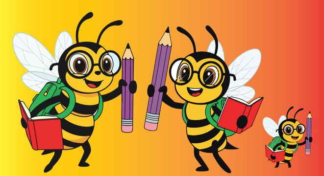 Cute cartoon bee characters back to school, honey bee students with pencils and books, educational insect vector illustration for kids
