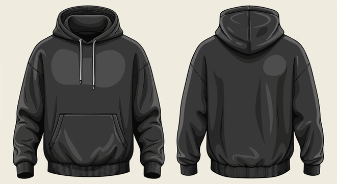 Black hooded sweatshirt, front and back view, with drawstring hood and pouch pocket