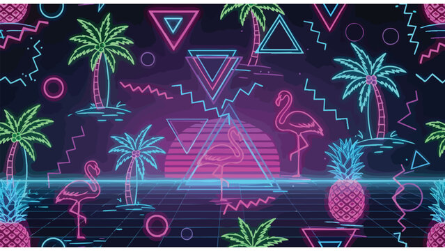 Neon Retro Tropical Pattern Background for 80s Party Decor, Website Design, or Product Packaging