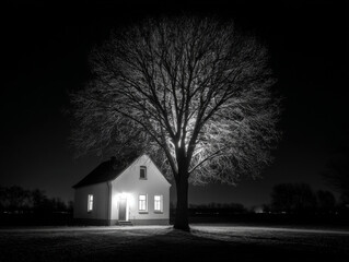 Lone house under tree at dark night