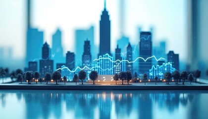 Naklejka premium Miniature city with glowing skyscrapers. Financial charts overlay buildings indicating economic growth. Trees and water reflect blue urban landscape. Business analytics concept.