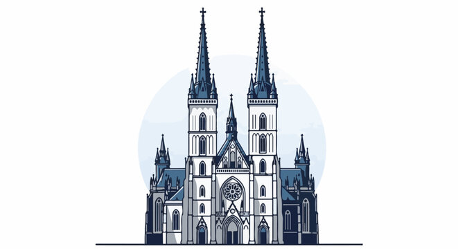 Striking gothic cathedral with twin spires and ornate facade, set against blue circle