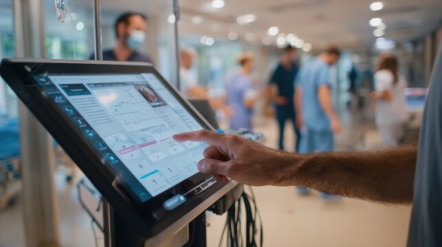 Installation of a tablet station for patient intake with interactive AI health questionnaire focus on hands adjusting the tablet angle hospital staff in soft focus behind.
