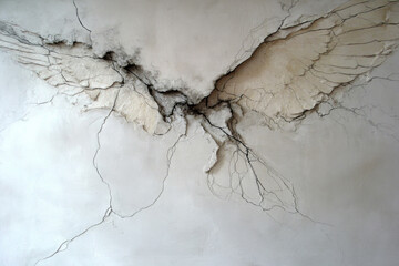 Abstract plaster wings breaking through concrete wall
