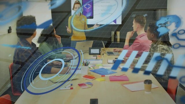 Presenter starting pitch, gesturing while blue HUDs sweeping across to show data, attendees noting