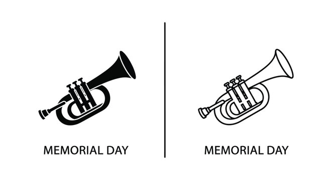 Memorial Day trumpets, black line art icons, simple bugle illustrations, patriotic symbols