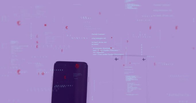 Phone entering from bottom, aligning frame, showing purple HUD code and drifting red icons for tech