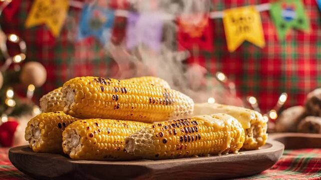 S&atilde;o Jo&atilde;o, Festival Cinematic shot of steaming grilled corn on the cob served on a rustic wooden platter with a blurred plaid fabric background