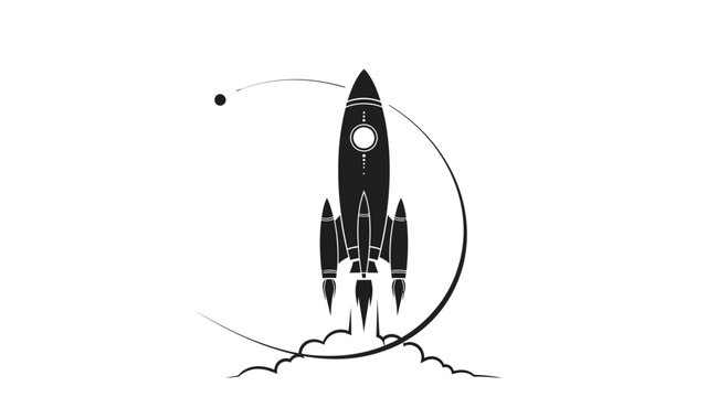 Black and white rocket ship launching.