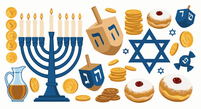 Hanukkah celebration symbols menorah, dreidels, coins, donuts, candy, and Stars of David