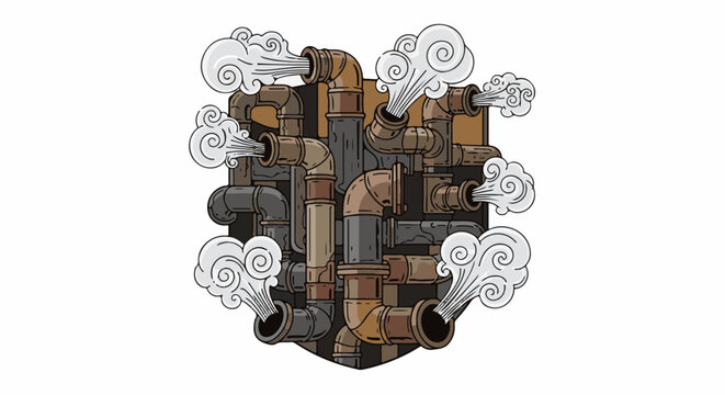 Intricate network of pipes emitting clouds of steam, in a steampunk style