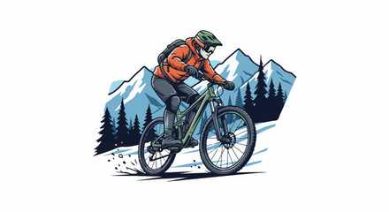 Naklejka premium Mountain biker speeding downhill through trees and snow-capped peaks