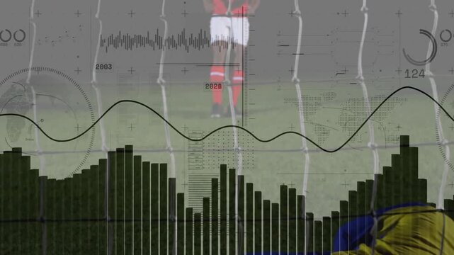 Goalkeeper diving to stop attacker shot after kick, HUD overlays analyzing shot data for sports