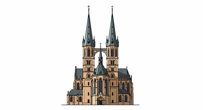 Ornate twin-spired religious edifice with arched walkway