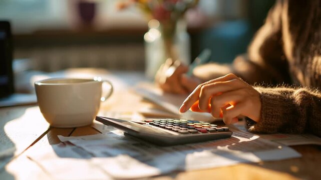 close-up of woman's hand using calculator at home table, casual setting with coffee cup and documents, personal budgeting and expense calculation, warm lighting, shallow depth of field, candid moment
