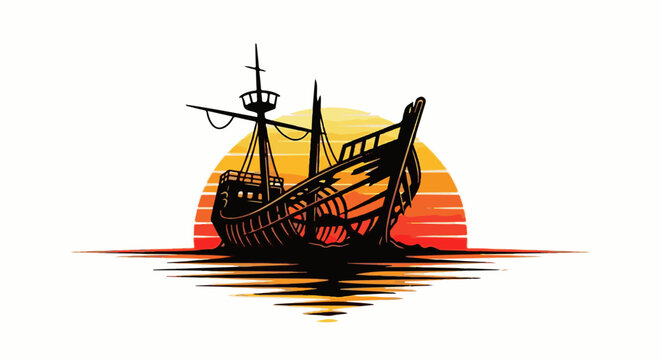 A silhouetted antique ship sails on water against a vibrant sunset