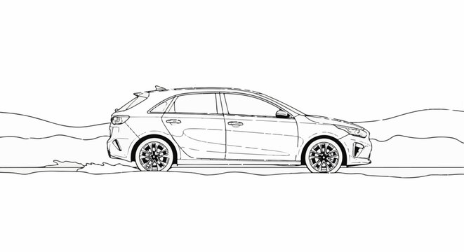 A sleek, modern hatchback car rendered in a black and white outline sketch style