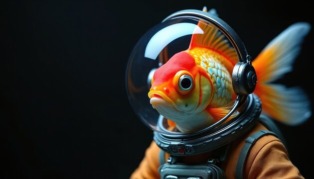 Goldfish wears astronaut helmet and orange suit, ready for space travel. Imaginative aquatic creature explores cosmos, looking curious and ready for adventure.