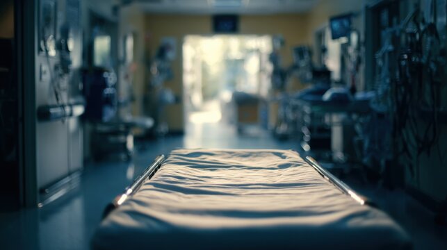 Medium shot capturing a gurney positioned and ready in a sterile preop bay focused on the bed while surroundings remain softly out of focus.