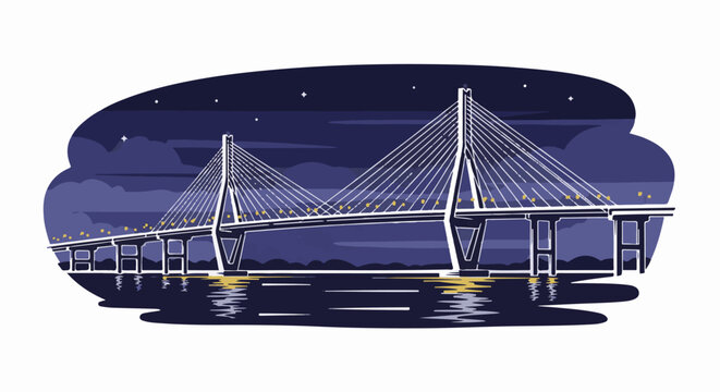 Stylized illustration of a cable-stayed bridge at night reflected in water