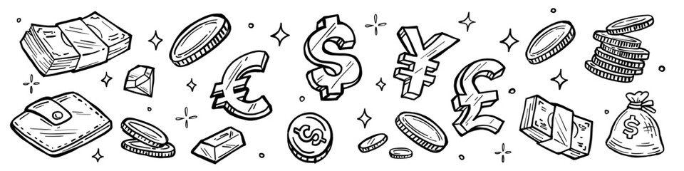 Money and finance line art icons set. Hand drawn collection with wallet, cash, coins, currency and diamond for banking or investment. Vector illustration for financial management and savings © wowomnom