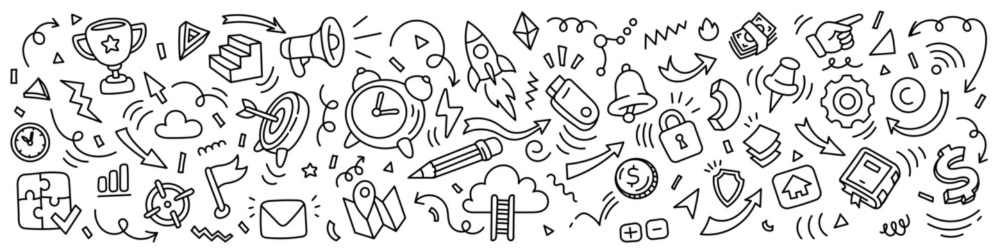 Business strategy and marketing line art pattern. Hand drawn vector illustration with rocket, money, trophy, target and office icons for corporate background or success and management