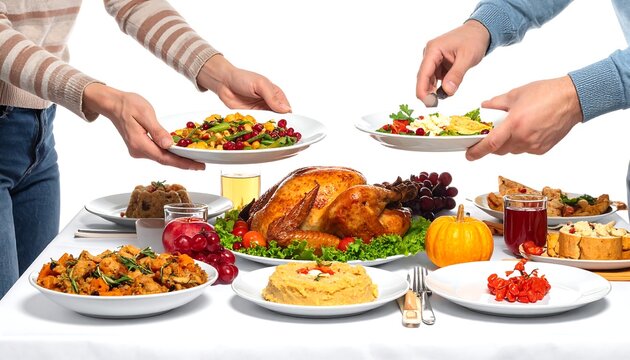 A festive Thanksgiving table with a roasted turkey, sides, and people serving food onto plates