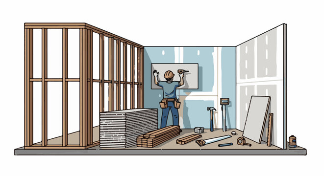 Worker installs drywall in a wood-framed room with tools and materials