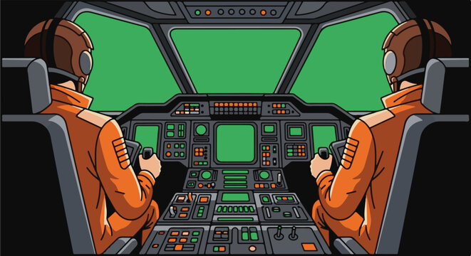 Two pilots in orange suits and helmets in a futuristic spacecraft cockpit