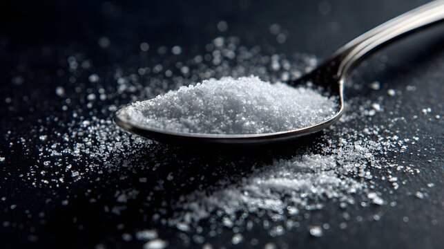Close-up of salt on spoon on dark surface. 