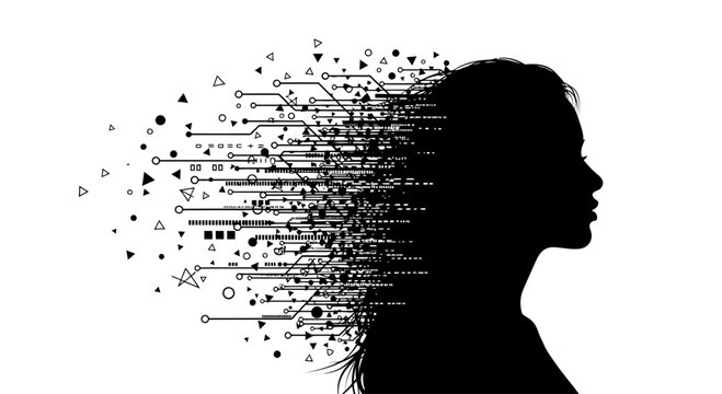 Silhouette of woman with coding symbols.