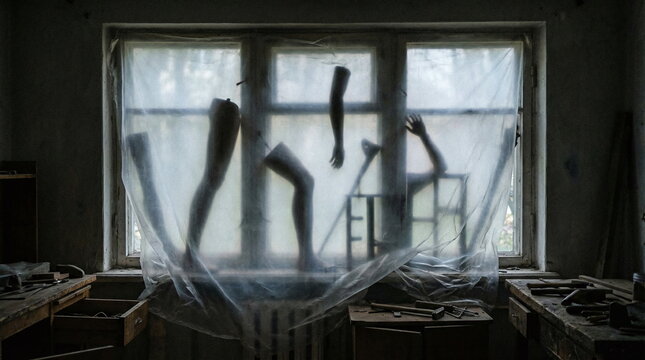 Creepy silhouettes of dismembered mannequin parts behind a plastic sheet covering a window in an abandoned workshop