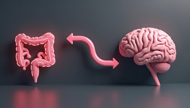 Illustration of brain and intestines connection. Pink neon sign of intestines and pink brain model show communication pathway. Gut brain axis concept. Medical science.