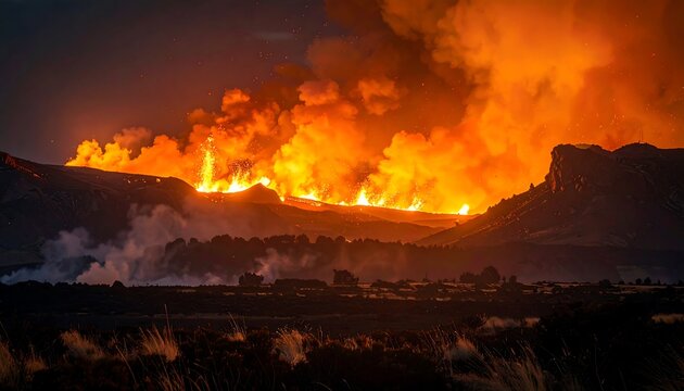 A dramatic nighttime landscape featuring a raging wildfire engulfing a hillside. The sky glows with intense flames and smoke