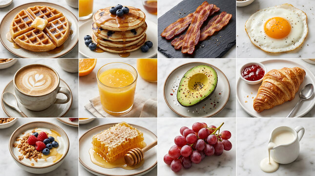  3x4 Grid Breakfast Brunch Collage, Waffle, Pancakes, Bacon, Egg, Coffee, Avocado, Vibrant Food Photography