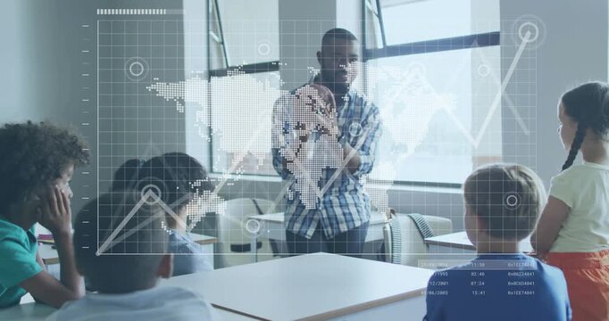 When overlays start, teacher rotating globe, teaching geography, map markers and line graph syncing