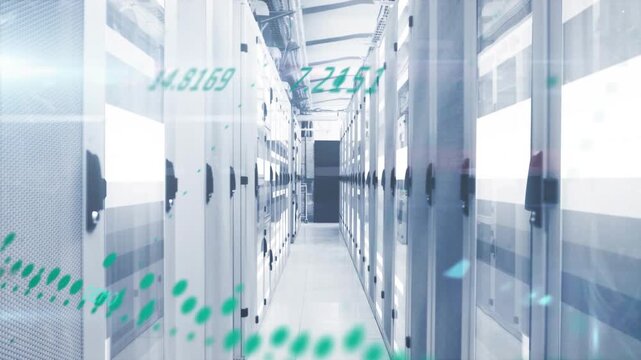 Server racks aisle getting telemetry starting green waveform moving center showing numeric readouts