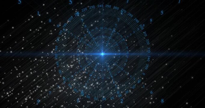 Glowing central blue point sending angled flare streaks while HUD rotating and scanning