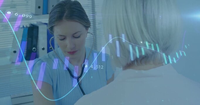 Nurse placing scope and listening to patient chest for clinic exam while animated chart overlaying