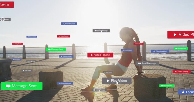 Woman exercising with triceps dips on seaside movement causing animated fitness badges around sun