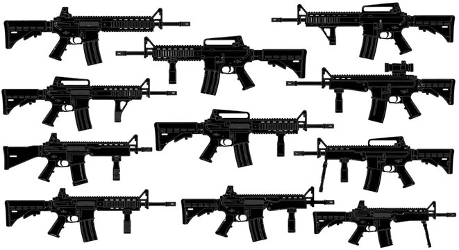Set of Tactical AR-15 and M4 Assault Rifle Silhouettes - Modern Firearm Outlines and Carbine Gun Icons