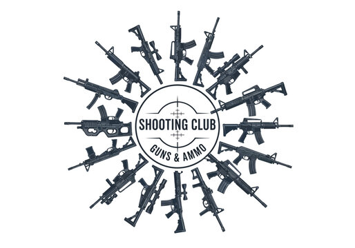 Shooting Club and Guns & Ammo Logo Design Featuring a Circular Array of Tactical Rifles, Carbines, and Assault Weapons - Professional Vector Illustration for Gun Range Branding