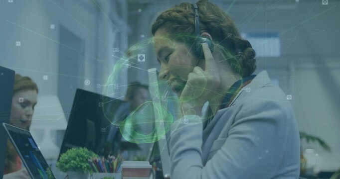 Vertical video: Phone ringing rep fixing headset typing handling tech call while holo brain pulsing