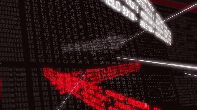 Camera zooming and rotating, driving white and red tickers approaching, highlighting finance matrix