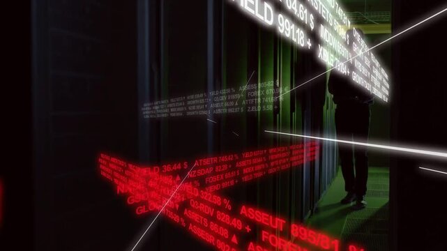 Male tech emerging into server aisle holding tablet monitoring market data while holograms shifting