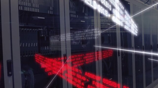Server racks showing text appearing ribbon pulsing streaks camera drifting for data center ops