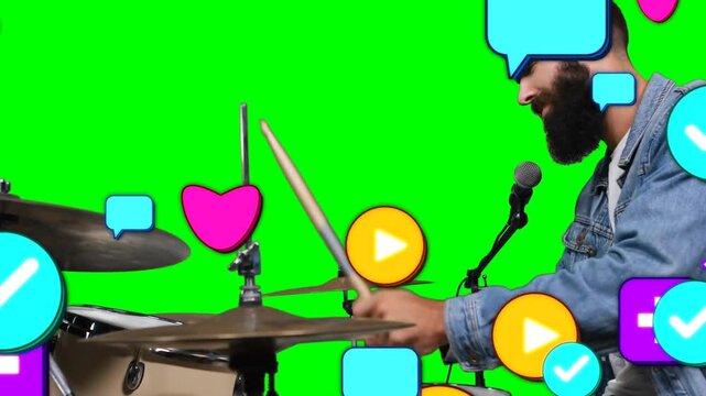 Male drummer playing on livestream while social icons animating from edges, covering kit and hands